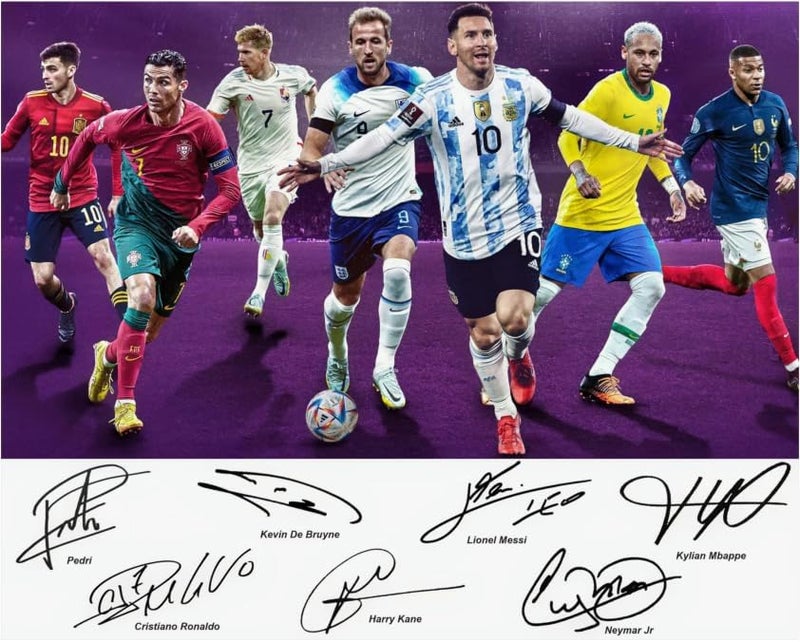 EMODA Premium Canvas Digital Print Football Legends Poster A4 Size 21x29.7 cm, Messi Ronaldo Mbappe Neymar Kane De Bruyne Pedri Unframed Wall Art, Soccer Stars Collage Poster Room Decor - Image 1