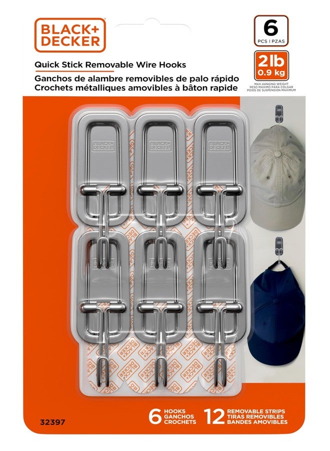 Black+Decker Wire Toggle Wall Hooks, Quick Stick Adhesive, Removeable, 6 Wall Hooks, 12 Adhesive Strips, Hang Decorations Without Damaging Walls, up to 2 lbs., Chrome
