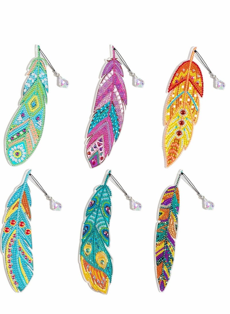 5D Diamond Painting Bookmarks DIY Feather Bookmark Crystal Pendant for Home Office School Class Project, Beginner Arts Crafts Gifts Adults and Kids, 6 Pcs - Image 1