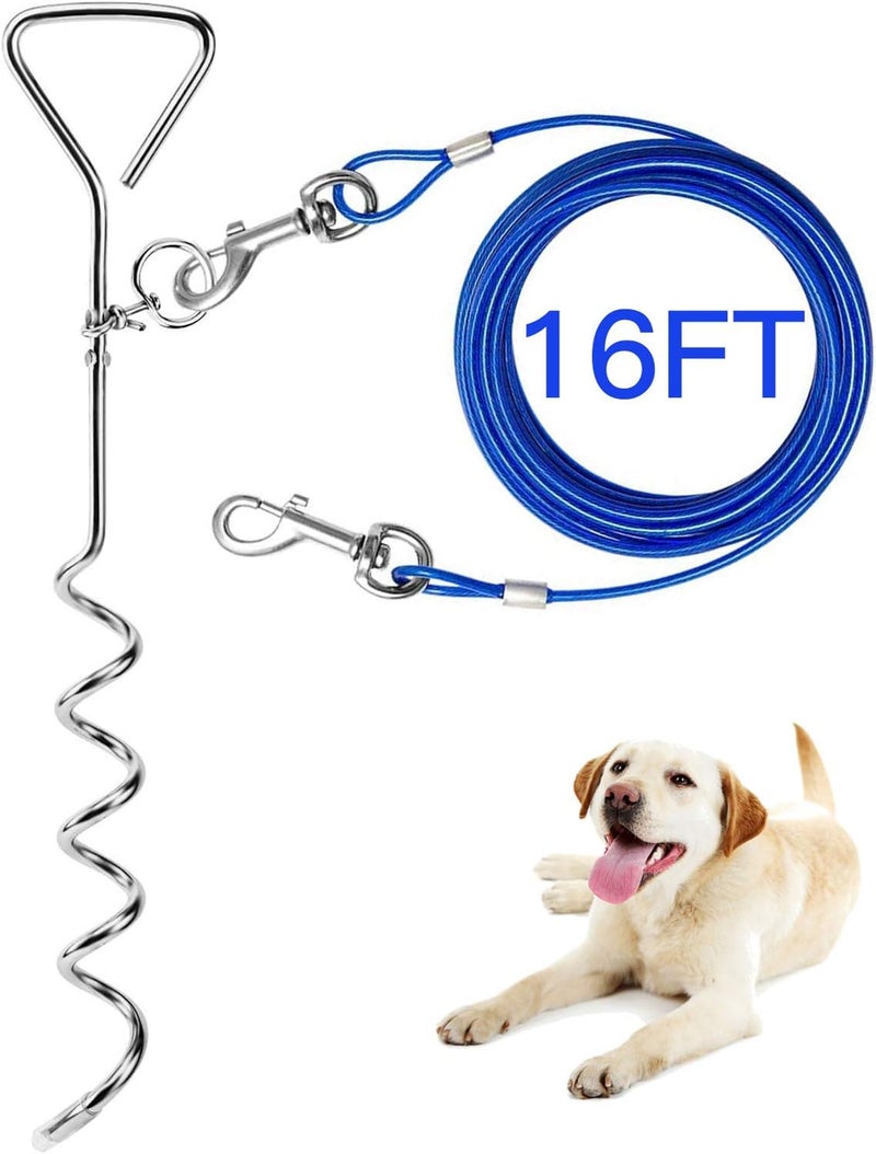 EvilplanDog Tie Out Cable and Stake, 16ft Outside Dog Leash&Chain for Camping and Yard, 16'' Heavy Duty Anti Rust Spiral Stake for Medium-Large Dogs Up to 125 lbs - Image 1