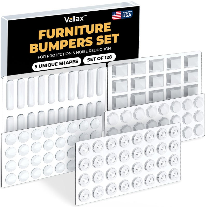 Vellax 128 Clear Cabinet Bumper Pads â€“ Self-Adhesive Silicone Set with 5 Unique Shapes for Doors, Drawers & Furniture â€“ Premium Sound Dampening Pads for Surface Protection - Image 1