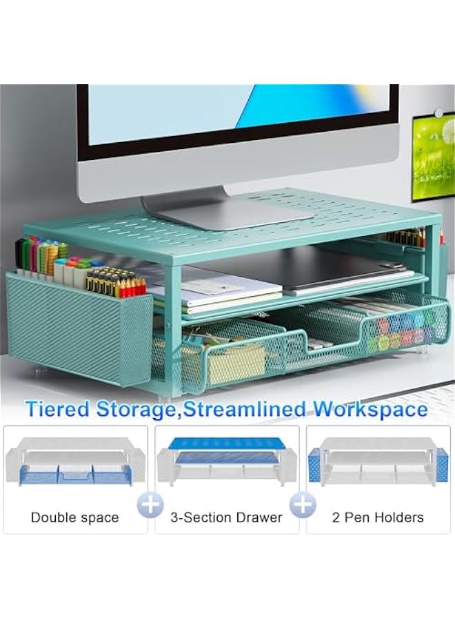 Arabest Desk Organizers and Accessories, Monitor Stand with Drawer and 2 Pen Holder, Desktop Organizer Suitable for Offices and Dormitories (Blue) - Image 3