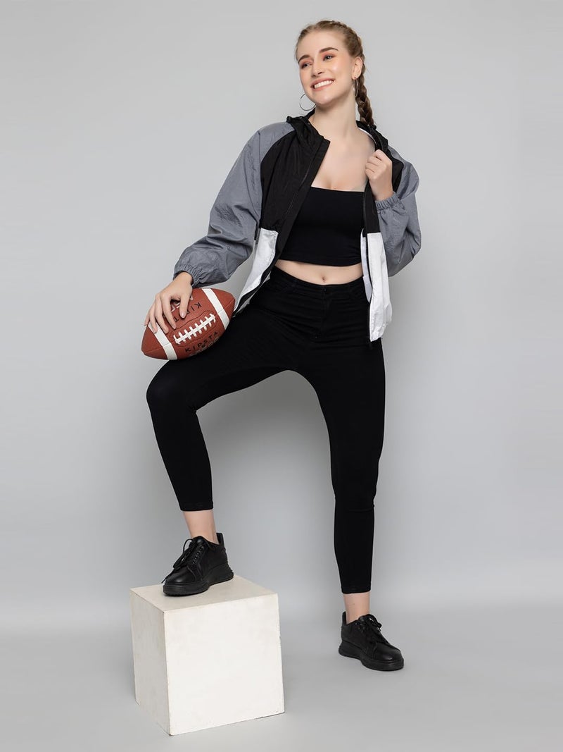 CHKOKKO Womens Stylish Oversized Windcheater Jacket with Zip Closure Lightweight Sportswear for Running Travel Hiking Outdoor and Rainy Season Wear BlackWhiteGrey S - Image 5