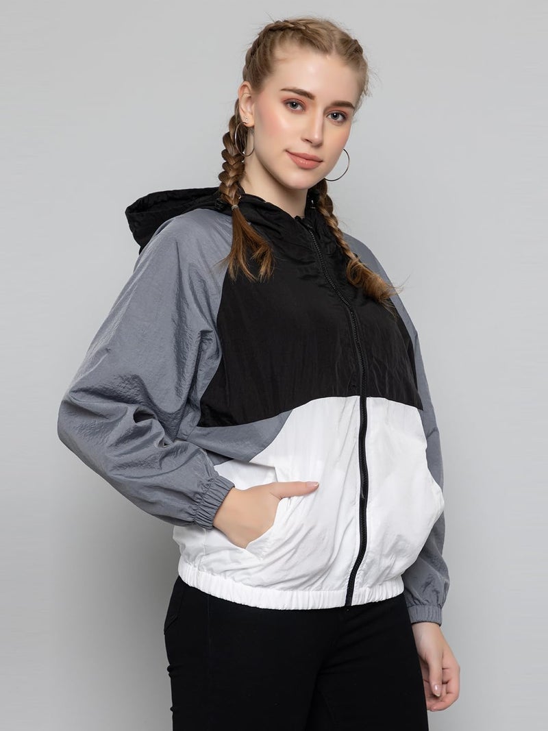 CHKOKKO Womens Stylish Oversized Windcheater Jacket with Zip Closure Lightweight Sportswear for Running Travel Hiking Outdoor and Rainy Season Wear BlackWhiteGrey S - Image 4