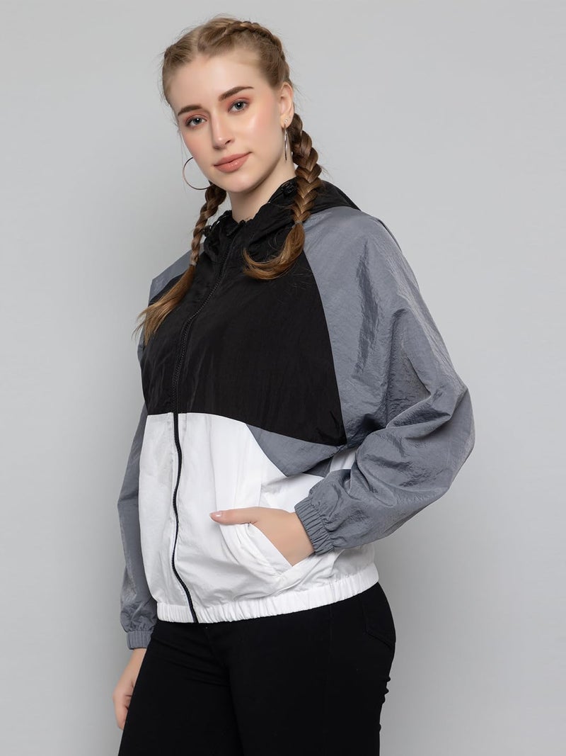 CHKOKKO Womens Stylish Oversized Windcheater Jacket with Zip Closure Lightweight Sportswear for Running Travel Hiking Outdoor and Rainy Season Wear BlackWhiteGrey S - Image 3