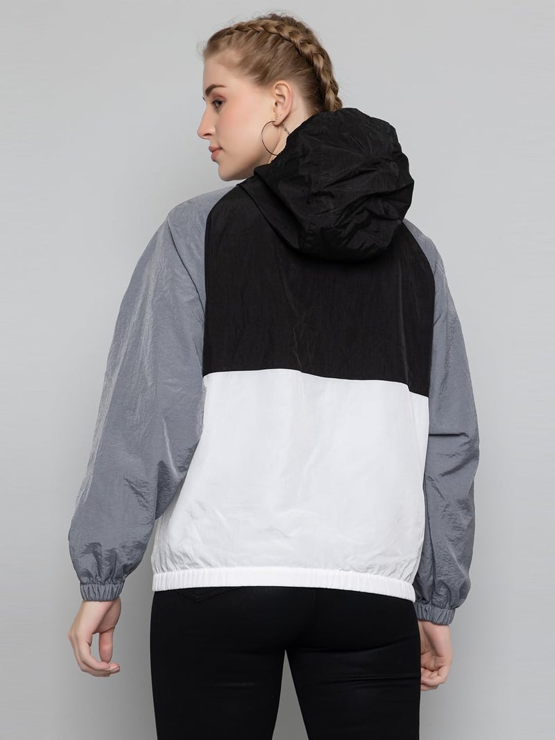 CHKOKKO Womens Stylish Oversized Windcheater Jacket with Zip Closure Lightweight Sportswear for Running Travel Hiking Outdoor and Rainy Season Wear BlackWhiteGrey S - Image 2