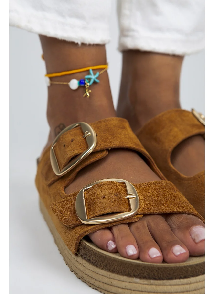 Manijero Selina Women's Leather Double Buckle Glazed - Gold Slippers