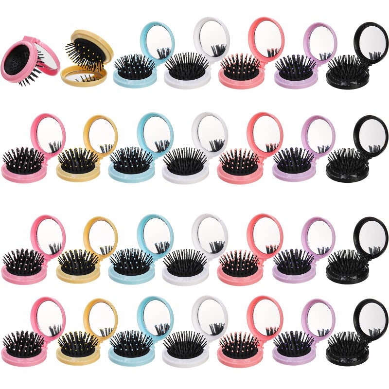 Lawei Folding Travel Hair Brushes with Mirror Round Portable Pocket Brush Mini Compact Hair Massage Comb for Purse Colourful for Women Girls
