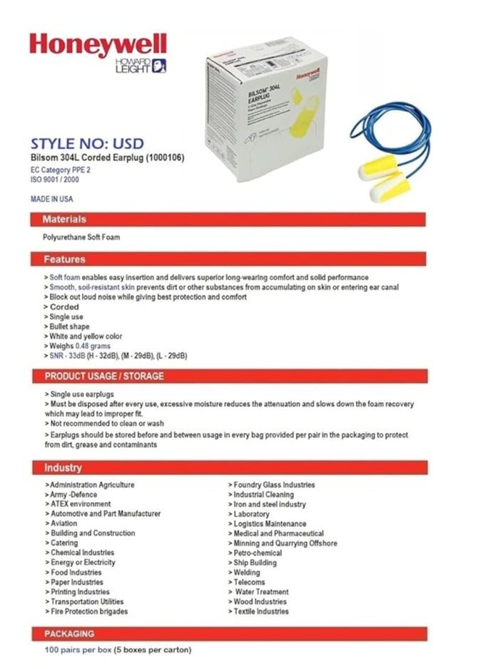 Honeywell 304L Disposable Foam Corded Earplugs (250 Pairs)  - Image 3