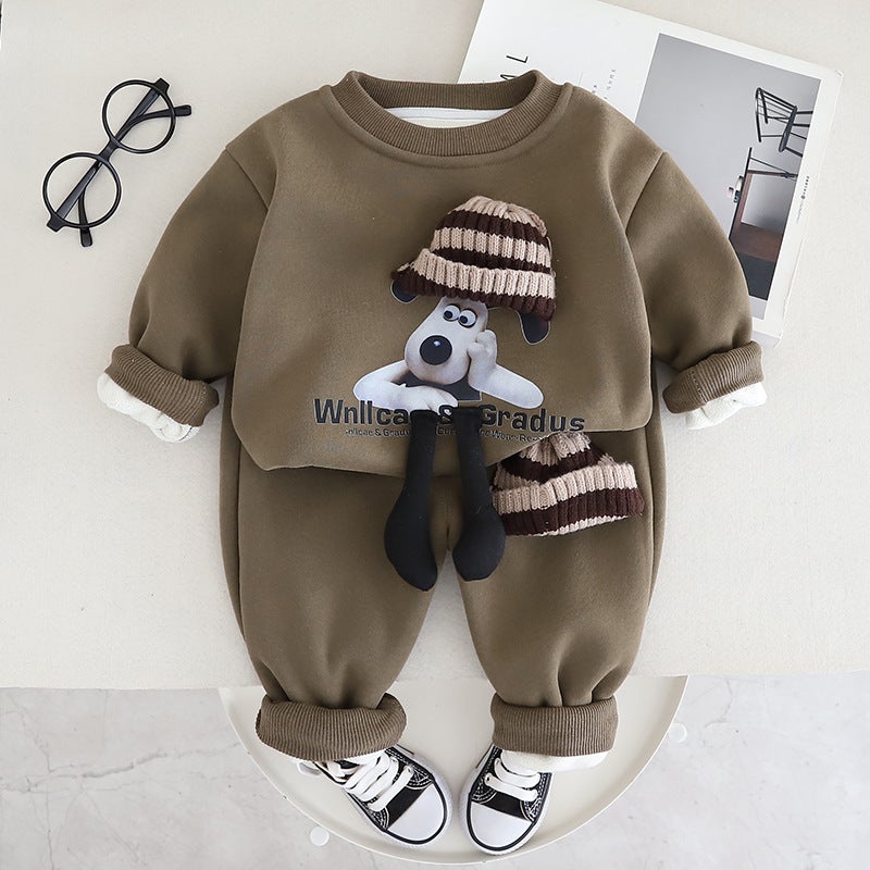 2023 autumn and winter new boys and girls fleece-lined three-dimensional hat long sleeve suit baby warm pants two-piece set Khaki 