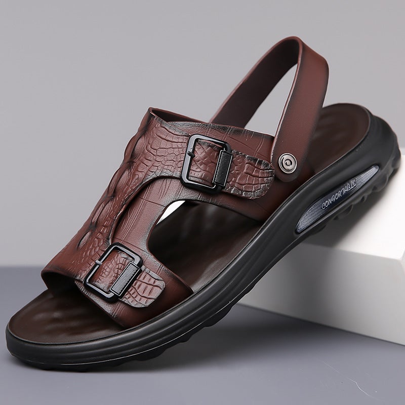 Men'S Sandals Summer Men'S Genuine Leather Men'S Shoes Beach Sandals Plaid Handmade Breathable Large Size Men'S Outdoor Sandals - Image 2