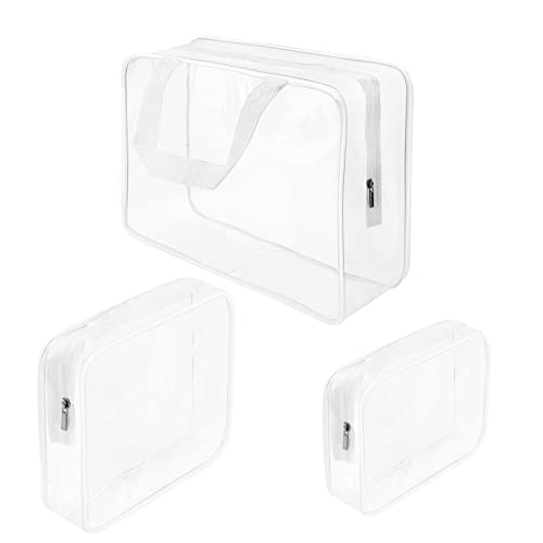 Roybens 3Pcs Crystal Clear PVC Travel Toiletry Bag Kit for Women Men, Waterproof Vinyl Organizer Clear Makeup Bags with Zipper Handle Straps, Cosmetic Bag Pouch Carry on Airport Airline Compliant Bag Handbag - Image 1