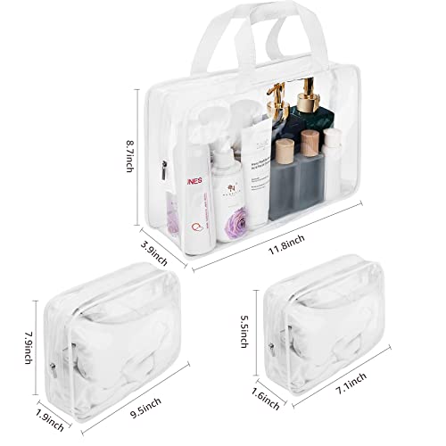 Roybens 3Pcs Crystal Clear PVC Travel Toiletry Bag Kit for Women Men, Waterproof Vinyl Organizer Clear Makeup Bags with Zipper Handle Straps, Cosmetic Bag Pouch Carry on Airport Airline Compliant Bag Handbag - Image 3