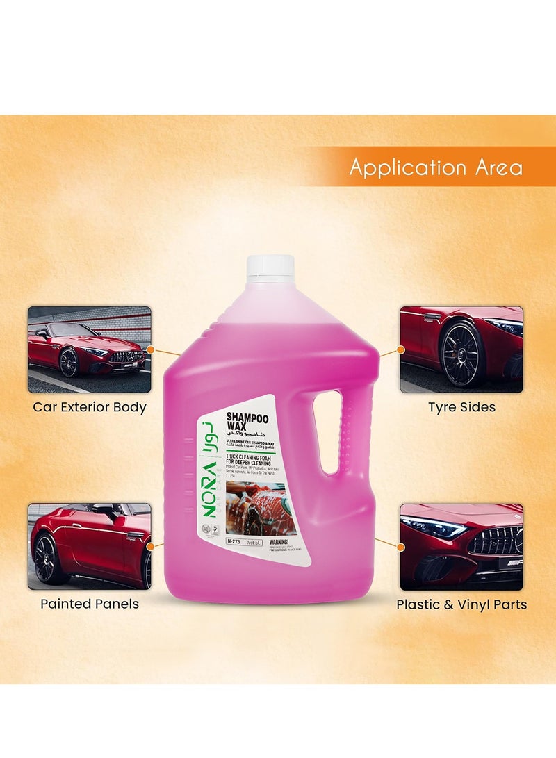 NORA Car Care Shampoo Wax N-273, 5L Ultra Shine Car Wash & Wax, Thick Cleaning Foam, pH Balanced, Color Safe, Biodegradable, Protects Paint, UV Protection, Lemon Fragrance, For Car Exterior, Tyres, Plastic & Vinyl Parts - Image 3