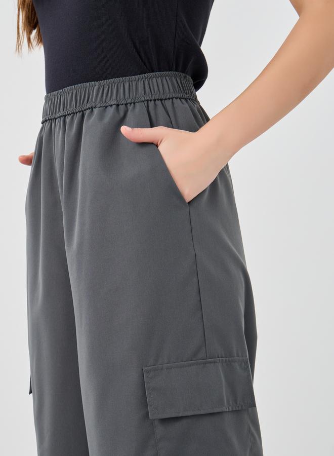 Take Two Solid Wide Leg Cargo Pants with Elasticated Waistband - Image 3