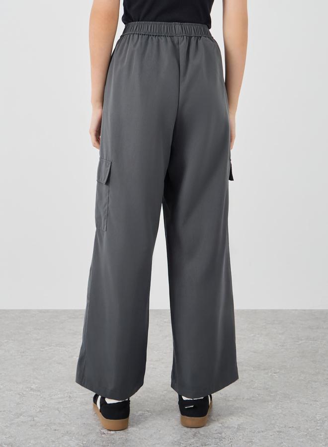 Take Two Solid Wide Leg Cargo Pants with Elasticated Waistband - Image 4