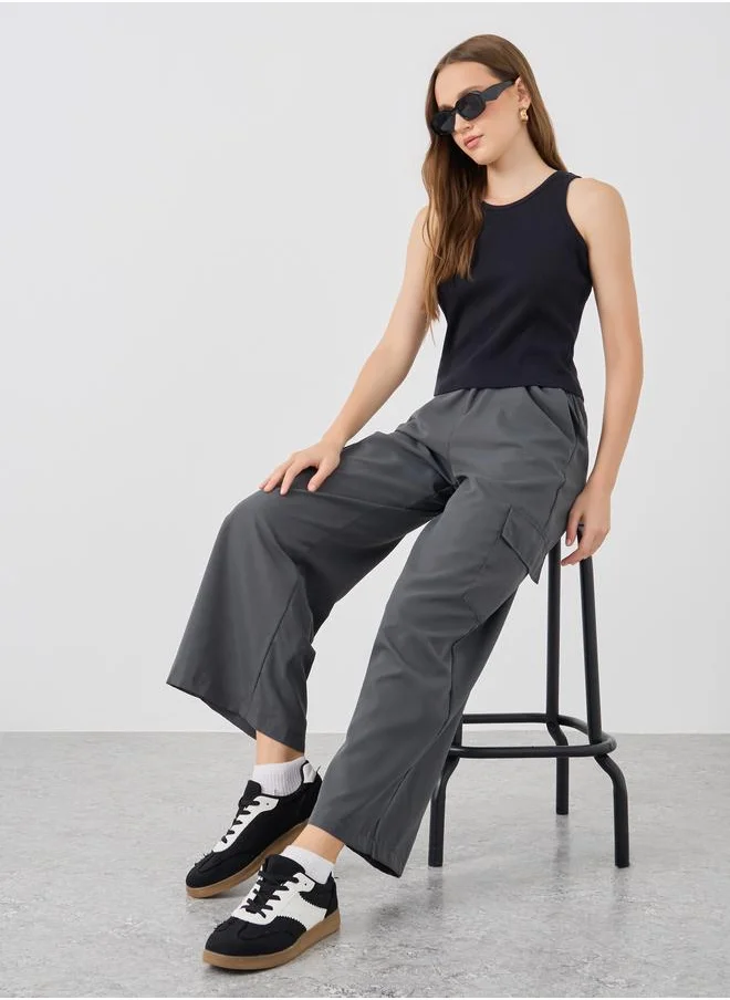 تايك تو Take Two Solid Wide Leg Cargo Pants with Elasticated Waistband