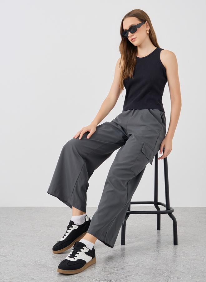 Take Two Solid Wide Leg Cargo Pants with Elasticated Waistband - Image 1