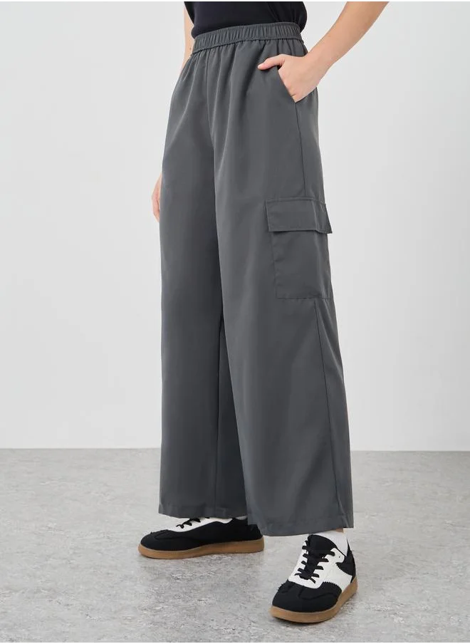 تايك تو Take Two Solid Wide Leg Cargo Pants with Elasticated Waistband