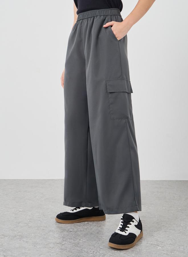 Take Two Solid Wide Leg Cargo Pants with Elasticated Waistband - Image 2