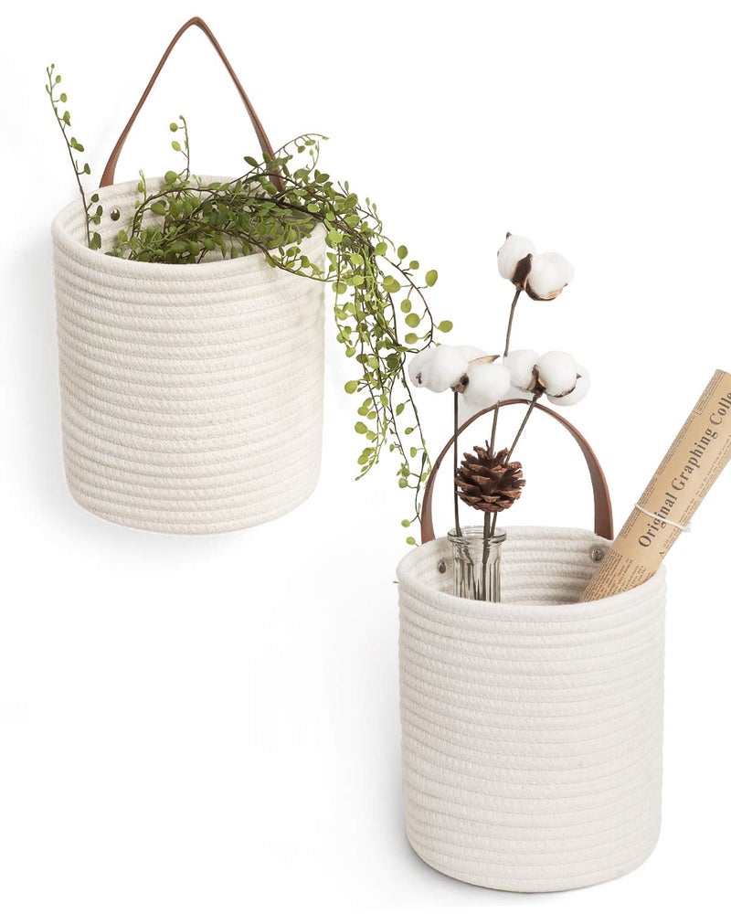 Goodpick Goodpick 2pack Rope Hanging Basket  Small Round Hanging Baskets Storage for Key Sunglasses Wallet on Door  Modern Woven Baskets Wall Decor for Plant White Cotton Basket 787 x 7 x 117 inches