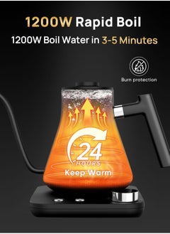 edoolffe Gooseneck Kettle Pour Over Kettle Electric Coffee Kettle Knob Temperature Adjustment with Digital Display Automatic Insulation Stainless Steel 1200W Quick Heating 0.9L for Home and Office Matte Black  - Image 4