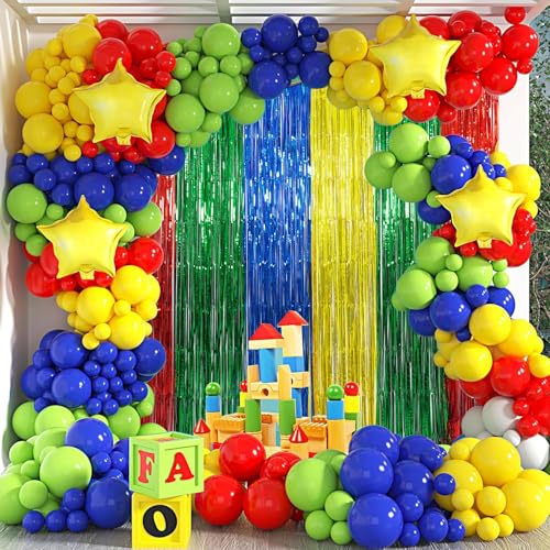 WENSEO Super Bros Birthday Party Decoration, 2 Pack Red Green Blue Yellow 3.3 x 6.6ft Foil Fringe Curtains Tinsel Photo Booth Props Streamers Backdrop for Video Game Mario Theme Birthday Party Supplies - Image 3