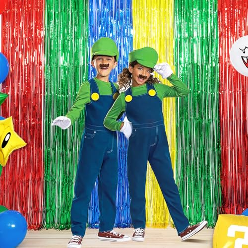 WENSEO Super Bros Birthday Party Decoration, 2 Pack Red Green Blue Yellow 3.3 x 6.6ft Foil Fringe Curtains Tinsel Photo Booth Props Streamers Backdrop for Video Game Mario Theme Birthday Party Supplies - Image 5