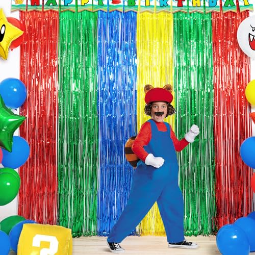 WENSEO Super Bros Birthday Party Decoration, 2 Pack Red Green Blue Yellow 3.3 x 6.6ft Foil Fringe Curtains Tinsel Photo Booth Props Streamers Backdrop for Video Game Mario Theme Birthday Party Supplies - Image 2