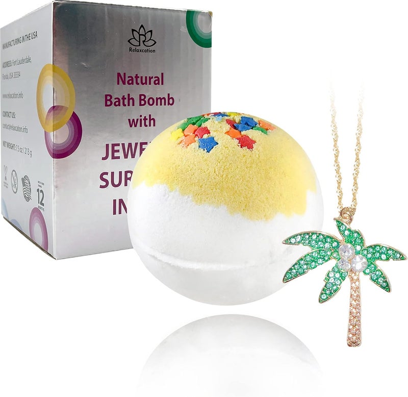 Handmade Bath Bombs with Jewelry Necklace Inside  Beautiful Palm Tree Inside  Fruity Scent with Treasures Inside  Organic Bathbomb in Gift Box for Women Girls Her Mother