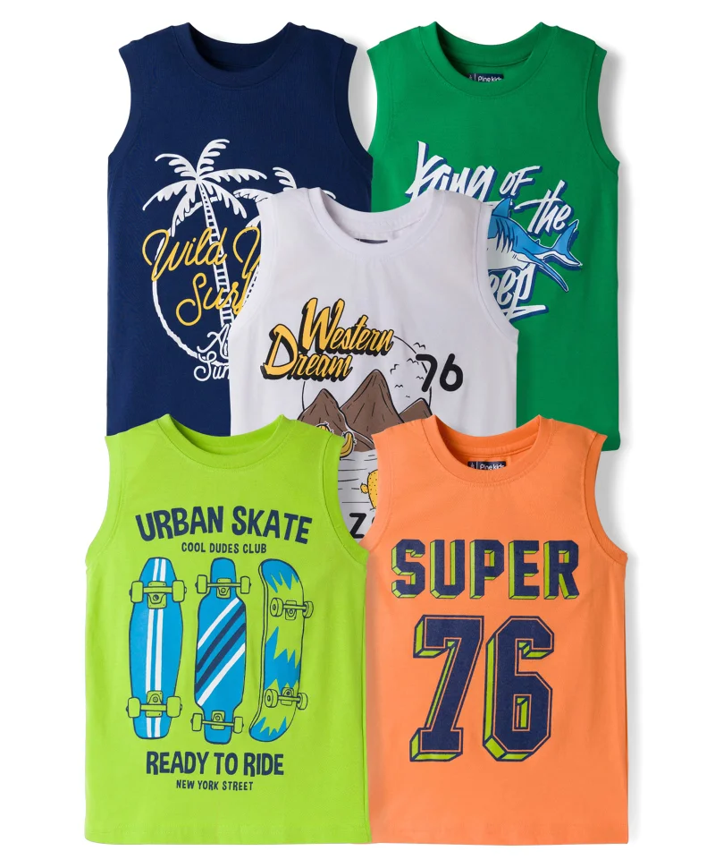 Pine Kids Pine Kids Sleeveless Tank T-Shirts with Text Print (Pack of 5) - Multicolor