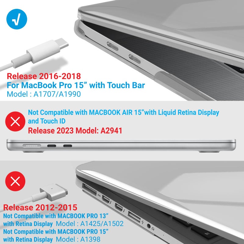 IBENZER Compatible with MacBook Pro 15 Inch Case 2019 2018 2017 2016 A1990 A1707, Plastic Hard Shell Case with Keyboard Cover for Mac Pro 15 Touch Bar, Crystal Clear, T15CYCL+1B - Image 4