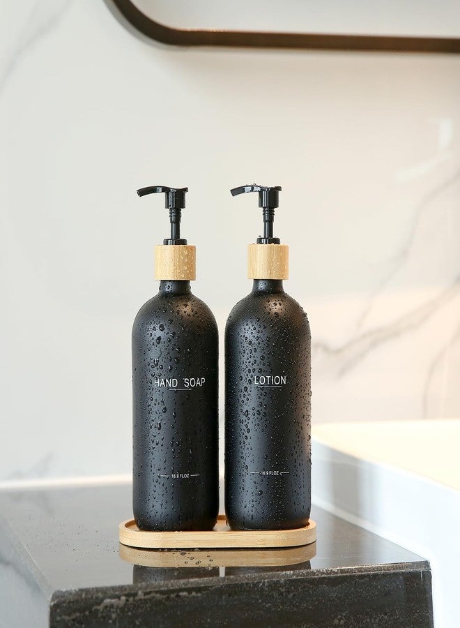 BONLONG Black Soap Dispenser Bathroom Set, Bamboo Pumps & Tray, Hand Soap, and Lotion Dispenser Set Suitable for Bathroom Counter Decor. (Black) - Image 2