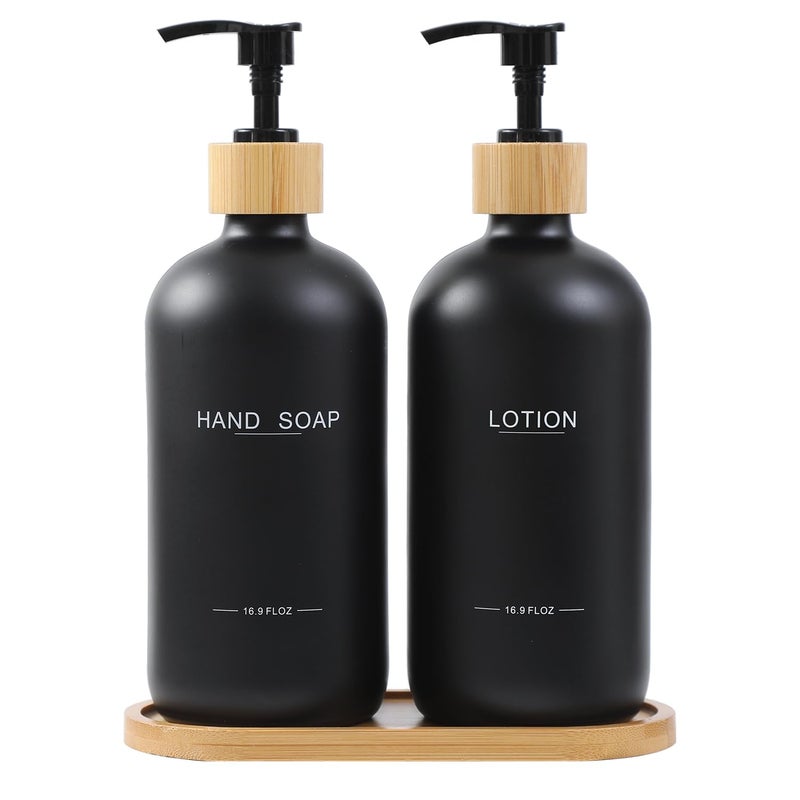 BONLONG Black Soap Dispenser Bathroom Set, Bamboo Pumps & Tray, Hand Soap, and Lotion Dispenser Set Suitable for Bathroom Counter Decor. (Black) - Image 1