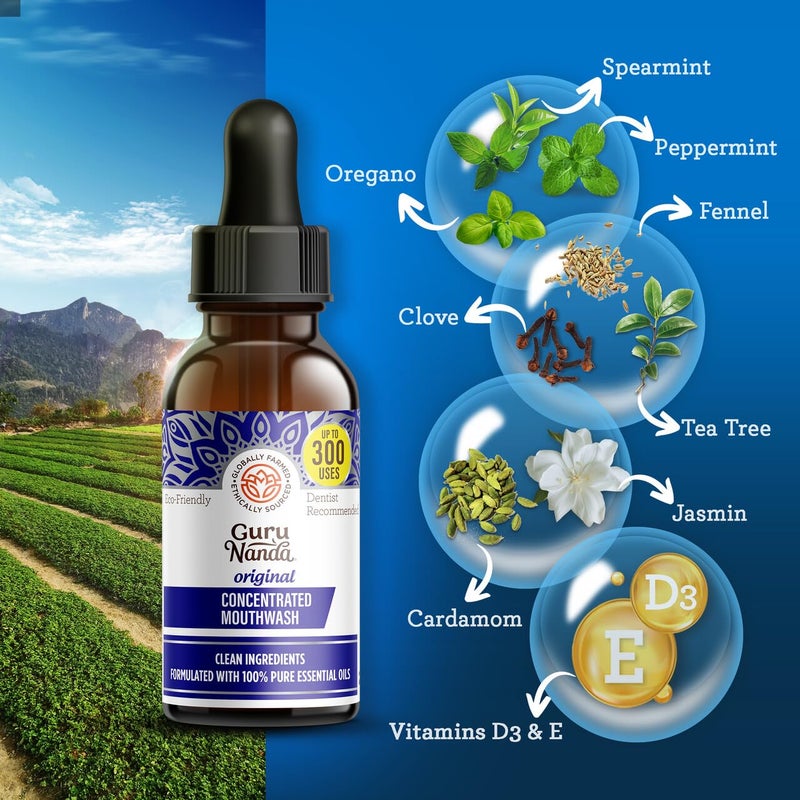 GuruNanda غسول الفم المركز من جوروناندا (2 أونصة سائلة)، خالٍ من الفلورايد، غسول فم بالنعناع مع زيوت أساسية طبيعية، يدعم 300 شطفة، يساعد في الحصول على نفس منعش - Image 3