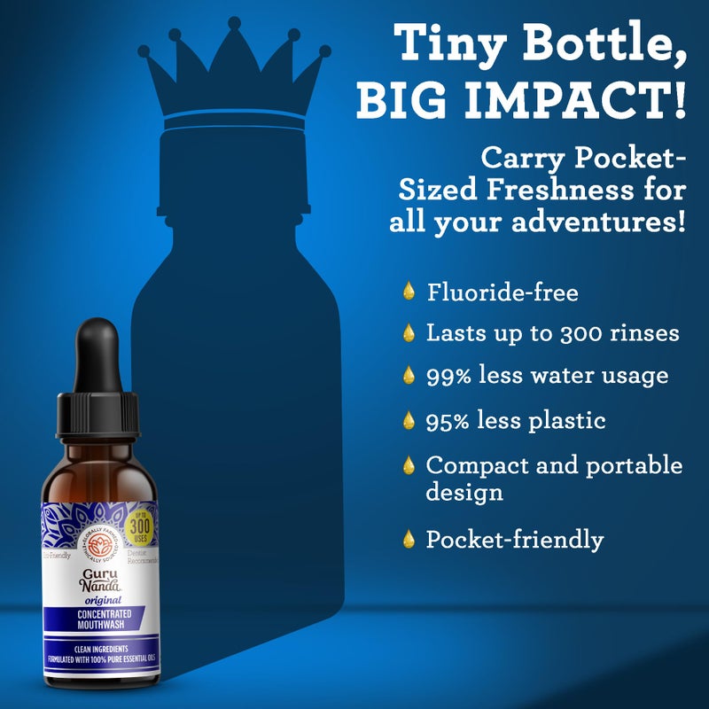 GuruNanda غسول الفم المركز من جوروناندا (2 أونصة سائلة)، خالٍ من الفلورايد، غسول فم بالنعناع مع زيوت أساسية طبيعية، يدعم 300 شطفة، يساعد في الحصول على نفس منعش - Image 2