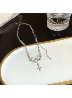 South Korea Silver Titanium Steel Necklace For Girls Versatile High Sense Niche Pearl Butterfly Pendant Clavicle Chain Jewelry