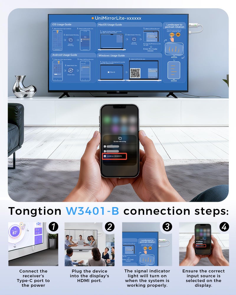 Tongtion محول عرض لاسلكي محدث 2026، ناقل محمول 1080p HDMI للبث، AirPlay/Miracast، واي فاي 5GHz | توصيل وتشغيل للهواتف الذكية/الكمبيوتر/التلفاز/البروجيكتور - Image 5
