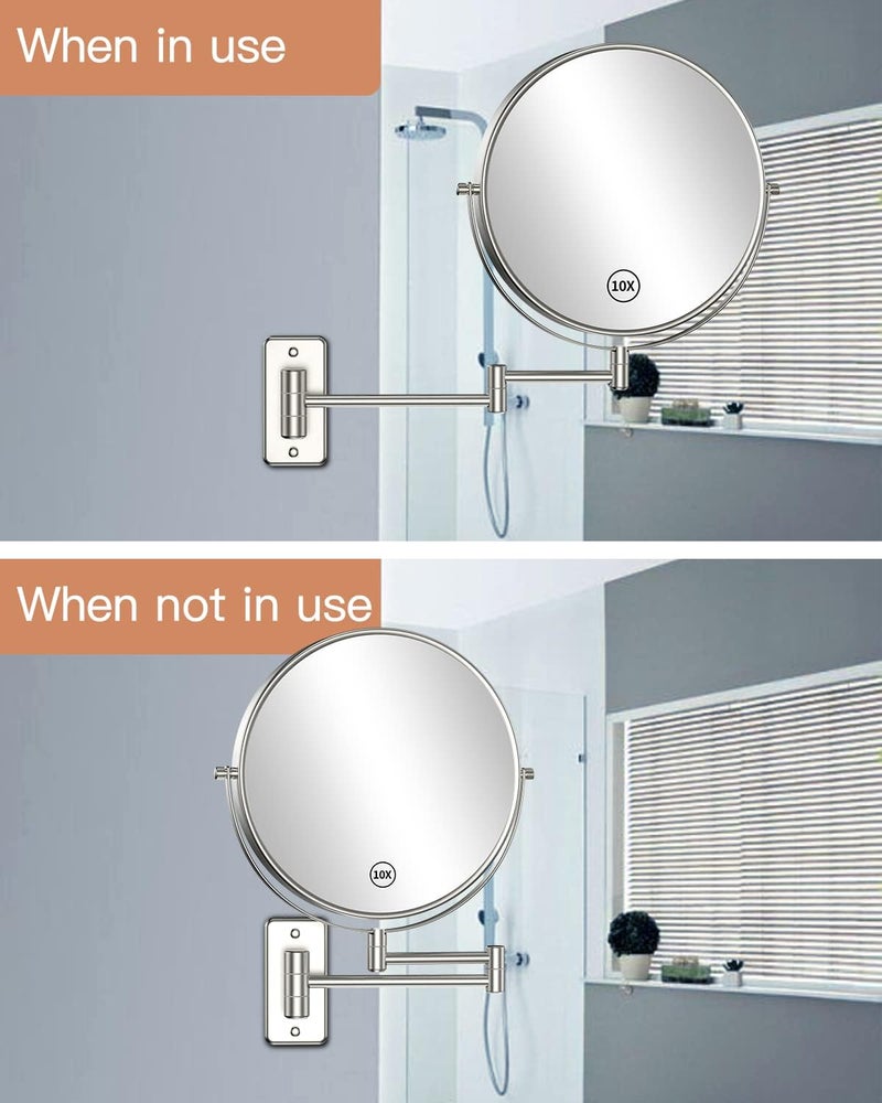 Benbilry 9" Wall Mounted Makeup Mirror, 1X/10X Magnifying Double Sided 360° Swivel Extendable Bathroom Mirror, Large Size Magnified Shaving Mirror with Folding Arm Nickel Finish - Image 4