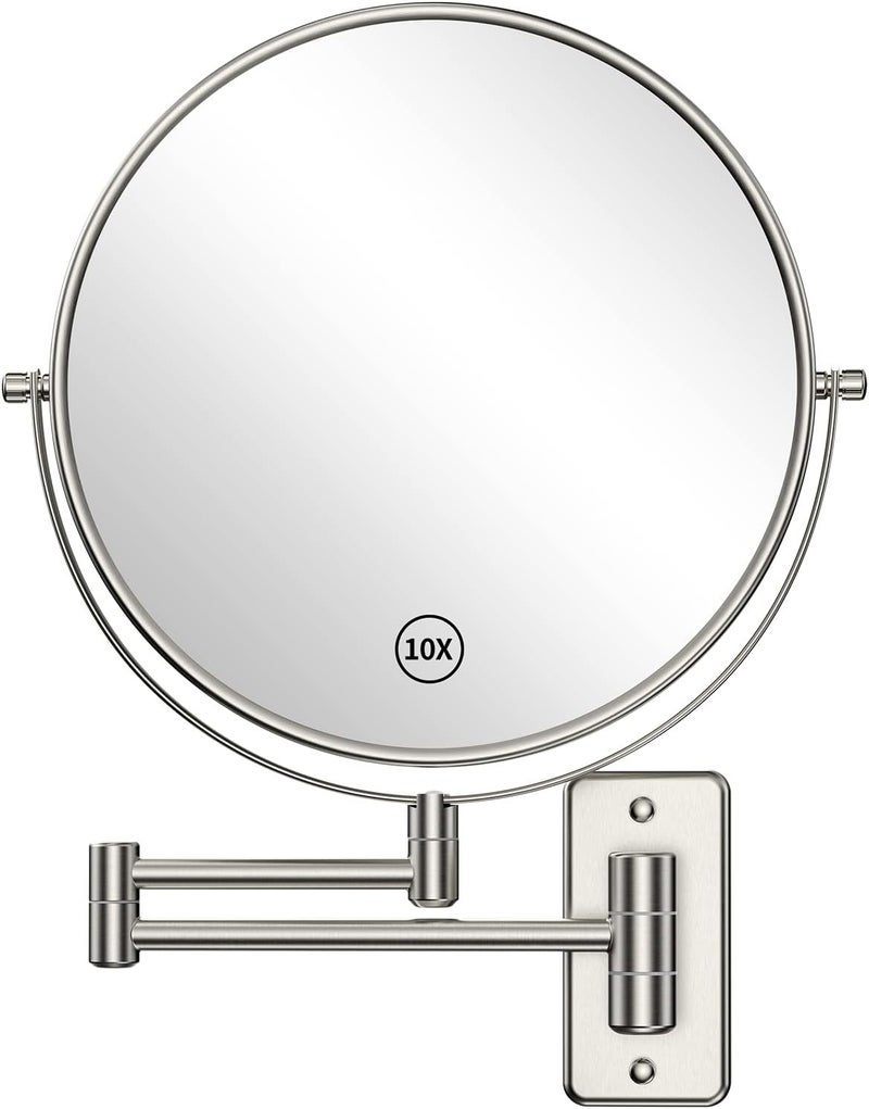 Benbilry 9" Wall Mounted Makeup Mirror, 1X/10X Magnifying Double Sided 360° Swivel Extendable Bathroom Mirror, Large Size Magnified Shaving Mirror with Folding Arm Nickel Finish - Image 1