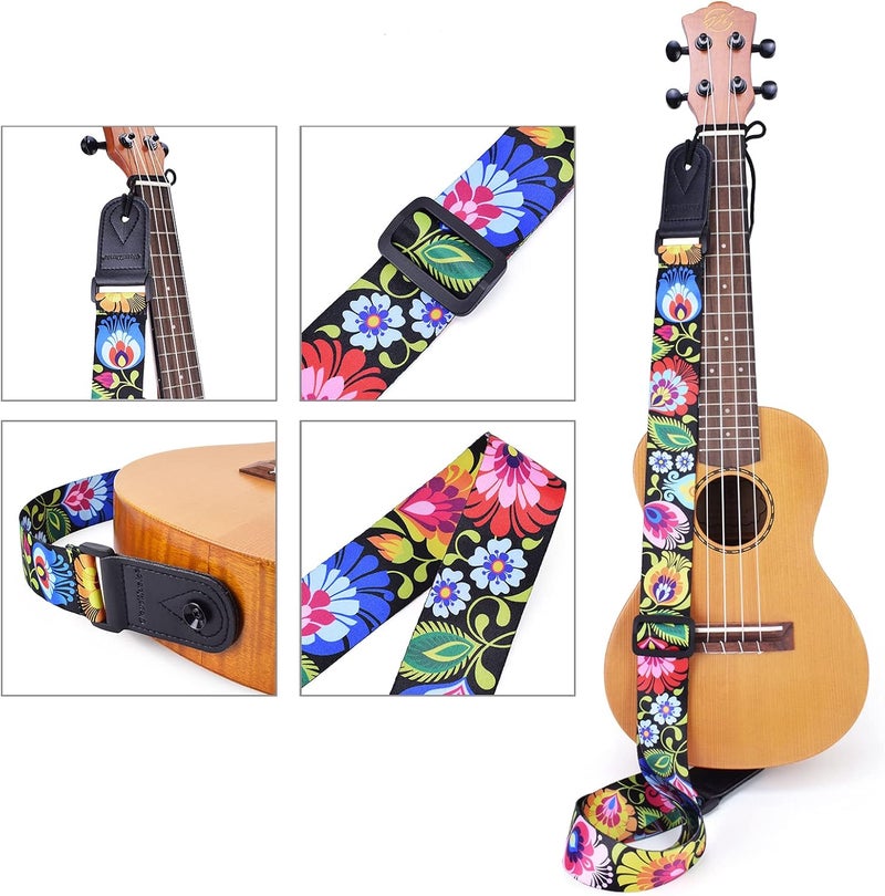 CLOUDMUSIC Tenor Concert Soprano Baritone Ukulele Strap Coloful Floral Pattern Straps With 2 Buttons For Adult Size And Kids Peacock Flowers In Black - Image 5
