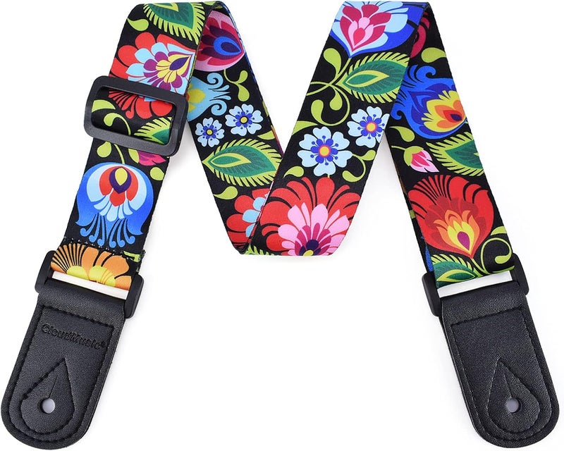 CLOUDMUSIC Tenor Concert Soprano Baritone Ukulele Strap Coloful Floral Pattern Straps With 2 Buttons For Adult Size And Kids Peacock Flowers In Black - Image 2