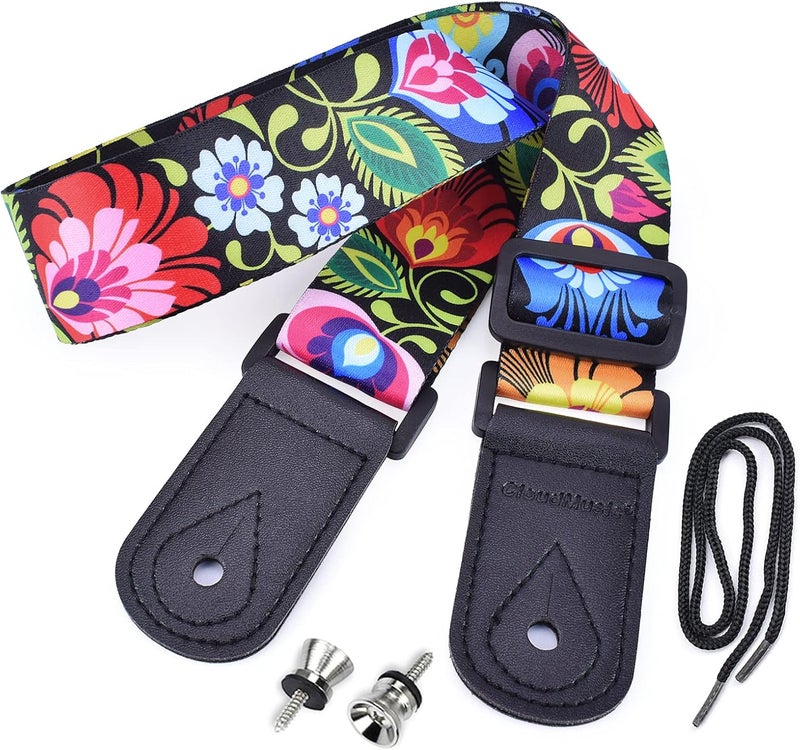 CLOUDMUSIC Tenor Concert Soprano Baritone Ukulele Strap Coloful Floral Pattern Straps With 2 Buttons For Adult Size And Kids Peacock Flowers In Black - Image 1