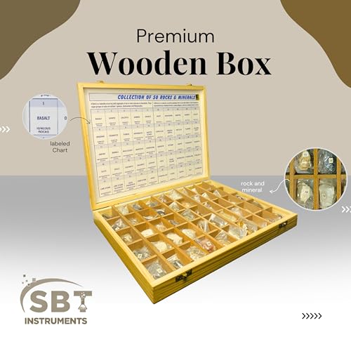 SBT Instruments Geology Kit: 50 Rocks & Minerals Collection in Wooden Box | Perfect for Earth Science Study & Stone Identification | Educational & Ideal for Students - Image 4