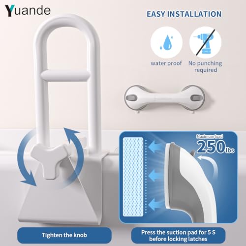 YuanDe Adjustable Bathtub Safety Rail with Showers Suction Handle,YuanDe 17x6 Inch Stainless Steel Tub Handle Grab Bar, Heavy Duty Bath Handles Clamp for Elderly Seniors Injury Disabled (300 LBS), White - Image 5
