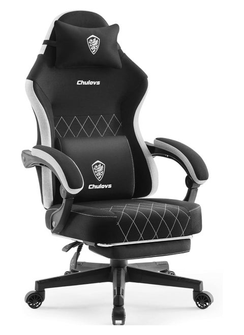 Chulovs Gaming Chair, featuring a Spring-Loaded Fabric Seat, Ergonomic High-Back Design with Foot Rest for Adults, and Lumbar Support, Pivots for Optimal Comfort in Office & Gaming Settings