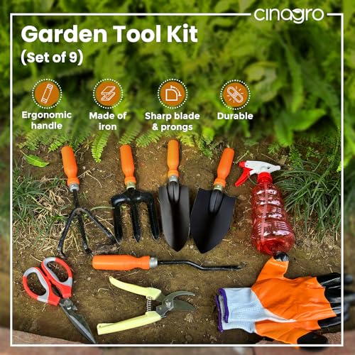 Cinagro Garden Tools Kit, 9 Pcs, Weeder, 2 Trowels, Hand Fork, Cultivator, Scissors, Pruner, Gardening Hand Gloves, Spray Pump | Gardening Tools Kit for Home Garden, Garden Accessories Home Gardening - Image 2