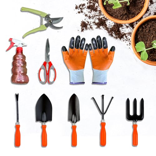 Cinagro Garden Tools Kit, 9 Pcs, Weeder, 2 Trowels, Hand Fork, Cultivator, Scissors, Pruner, Gardening Hand Gloves, Spray Pump | Gardening Tools Kit for Home Garden, Garden Accessories Home Gardening - Image 1