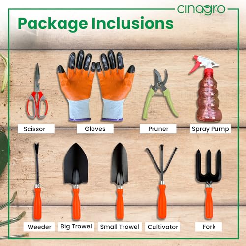 Cinagro Garden Tools Kit, 9 Pcs, Weeder, 2 Trowels, Hand Fork, Cultivator, Scissors, Pruner, Gardening Hand Gloves, Spray Pump | Gardening Tools Kit for Home Garden, Garden Accessories Home Gardening - Image 3