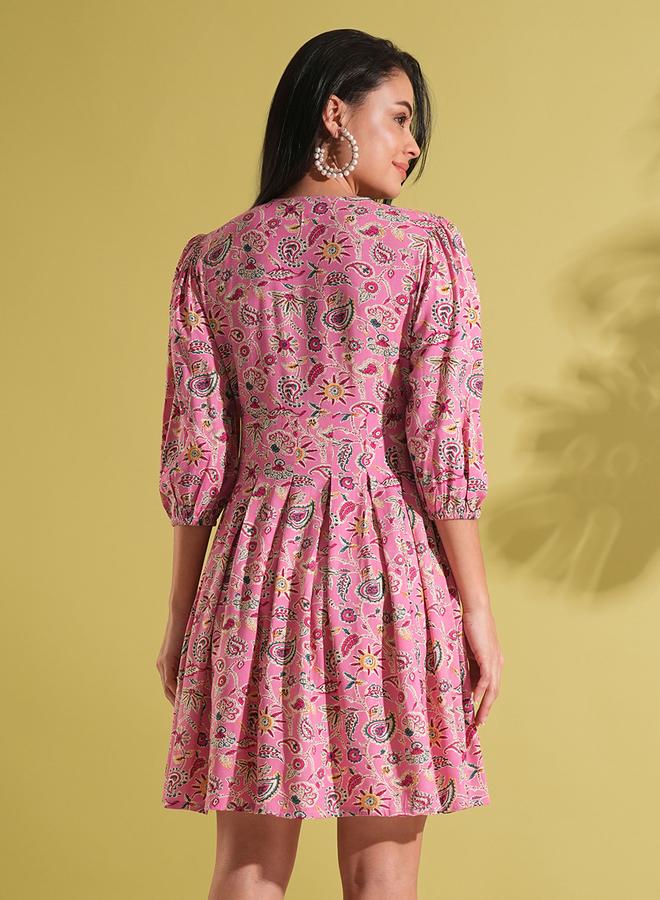 globus Pink Paisley Print Pleated A-Line Fusion Dress - Image 3